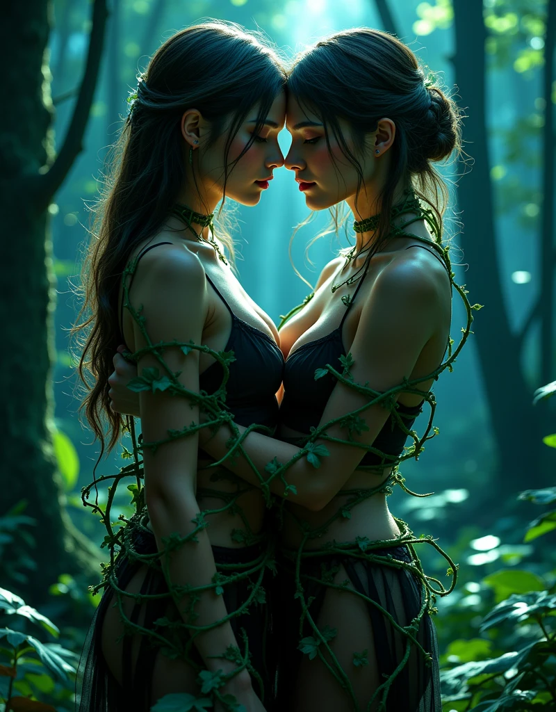 (masterpiece, high detail, high resolution, art style by Greg Rutkowski, depth of field, vibrant colours, complex scene, dynamic poses, interacting characters, characters interact), (((correct scene placement of characters))), (two women), a ((fully naked)) couple having sex in a forest clearing on a sunny day, laying down on grass, alone in a ((sunny forest)), (background: a beautiful forest), sculpted body, battle scars on entire body, ((sweat streaks on skin)), (voluminous hair: 1.8), sensual, (small breasts: 1.9), (small butt: 1.9), full body view, (sunny day), (faces of pleasure), relaxed, detailed, (volumetric, level difference detail), foggy atmosphere, backlight, contour light, seductive, (((alone))),