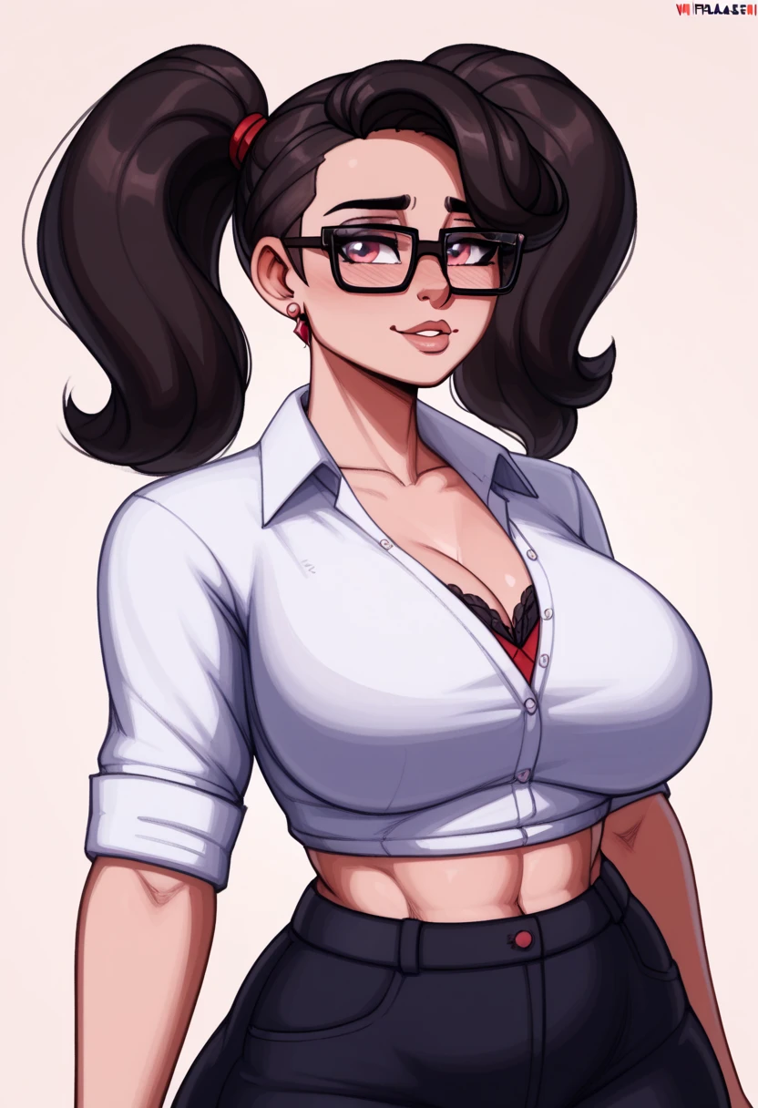 slim latina, burgundy hair, high ponytail, wavy hair, red headband (sidelocks), light skin, brown eyes, smirking, red lipstick (bimbo lips), eyeglasses, slim waist, ((massive breasts)) red blouse with puffy short sleeves, ((midriff), pleated skirt, fingernails, wide hips, looking at viewer, hands on hips (muscles), town sidewalk (bushes), warm lighting, cowboy shot, (absurdly large inflated breasts) ((masterpiece, ultra high res))