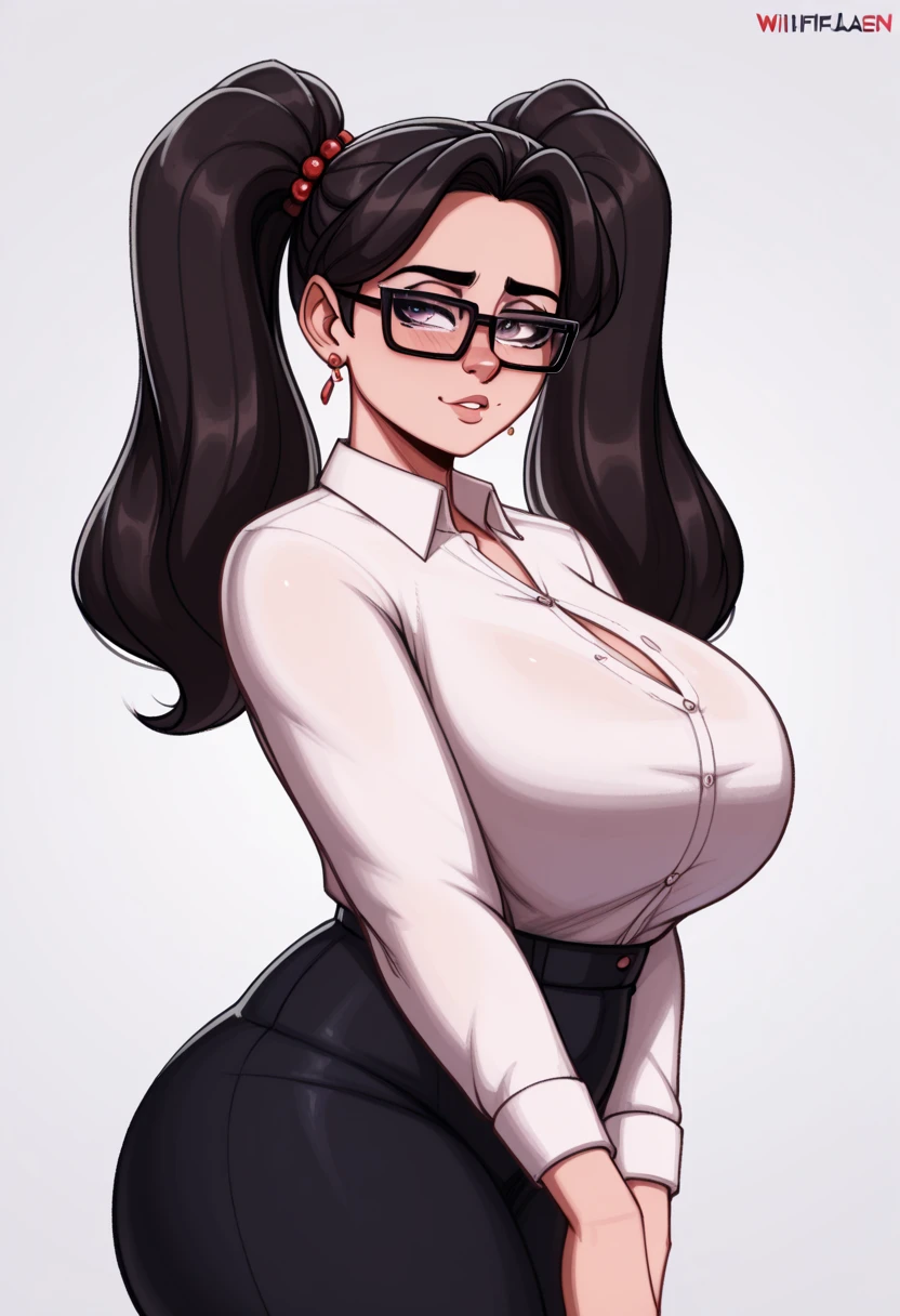 (masterpiece, top quality, best quality, official art, beautiful and aesthetic:1.2), solo, 1girl(ramius1), busty secretary, (((gigantic breasts))), cleavage, skindentation, slim waist, slim hips, shiny brown hair((extravagant)), bimbo, extermely detailed, looking at viewer, (full body:0.6), big eyes, highly detailed eyes, full lips, vivid lips, bimbo lips, makeup, extremely busty bimbo, soft expression, soft smile, dumb and brainless, innocent expression, raised eyebrows, puckered lips, bouncy breasts, high heels, cameltoe, lace blouse, sleeveless, white choker, frilly skirt, short skirt, off-white attire, beige trim, glasses, modern (opulent office interior:1.1) background, high-rise interior, city skyline out of window, morning
