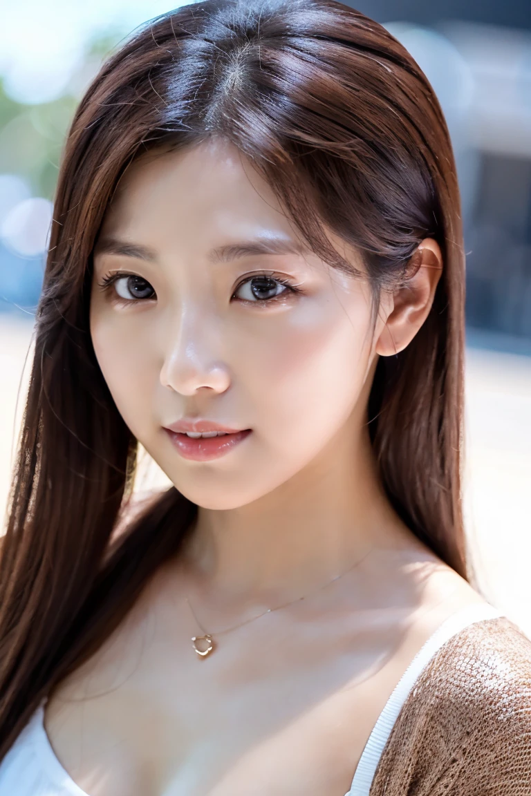 Extreme close-up of beautiful korean female, 34 inch breasts size, wearing zipper tank top, in the city, crowded, UHD