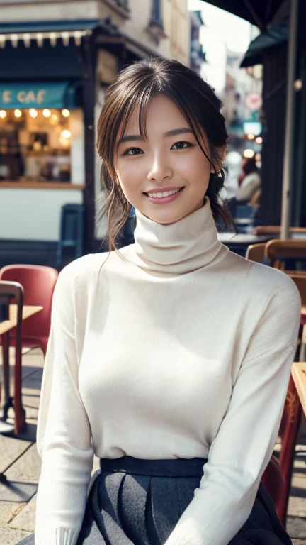 (明日香),(Sit in front of the café:1.4),Best Quality, 1girll, (skin indentation), (Slender models:1.2), (blur backgroun:0.6), (Street:1.2), (People, Crowd of:1), sonoko, day, Plein Air, (Casual Fashion, elegant fabric, turtleneck dress:1.5), Gorgeous, (Random hairstyle:1.2), (Floating hair:1.2), (Dynamic Pose:1.2), Soft lighting, wind, (Front light:1.5),  makeup,(Natural smile:1.2)，Super huge breasts，Heart shaped hole on sweater chest，ditch