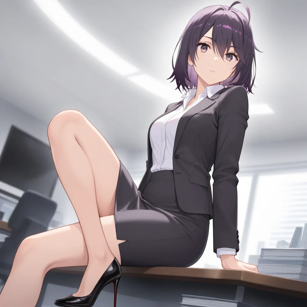 1people々 girl,((Haruno YukinoshitaFull Body)),Purple Hair ,(masterpiece:1.2), highest quality, (((Thin legs))),((((High resolution)))), unity 8k wallpaper, (shape:0.8), Highly detailed face, Perfect lighting, Extremely detailed CG,(((University classroom)))),(Big Breasts)、(((((office lady))))、((((Spread your legs on the desk)))),((suit)),((Black tight skirt)),(((Black long boots))),(((Black pointed toe)))、(((Black stiletto heel)))、choker、((((Thin legs)))),short hair