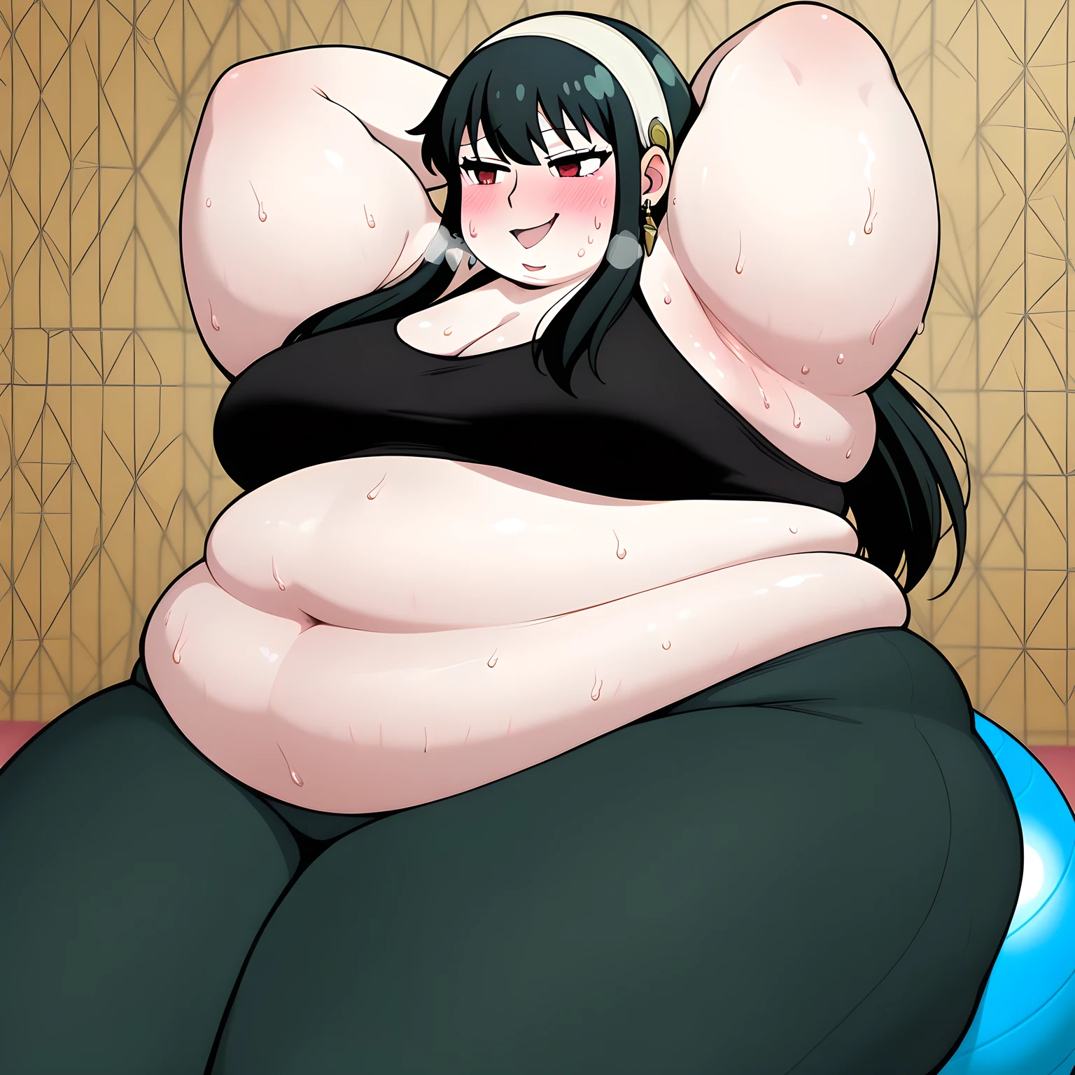 Score_9, score_8_up, score_7_up, score_6_up, tall woman, a goth woman, a tall and curvy figure (sweaty skin), highres, and a hyper massive voluptuous body. She has large thick fat breasts, (gigantic breasts, 1.5), she has thick breasts, an extremely thick giant fat enormous sexy huge humongous gigantic ass, thick figure. The woman has messy short dark black hair, detailed eyes, blue eyes, and is wearing cute glasses. She has a seductive expression, shy, embarrassed expression, blushing, sweating. The woman is wearing a large black sweater and gray leggings, wearing black makeup, (black eye shadow). She is in her bedroom, sitting on her bed, trying to cover her belly, extremely wide hips, sweating, blushing, and gaining weight, with a sexy fat body. ((obese, fat, excess fat)), (morbidly obese body:1.5) (fat neck and chin), xxxxl size belly. (Very large thighs) (((Colossal thighs, massive thighs, very large thighs))), full body, masterpiece, (NSFW), (exaggerated proportions), (hentai), (perfect anatomy), ((detailed manga illustration)),HDR,UHD,studio lighting,ultra-fine painting,sharp focus,physically-based rendering,extreme detail description,professional,vivid colors,bokeh,portraits,goth, fantasy