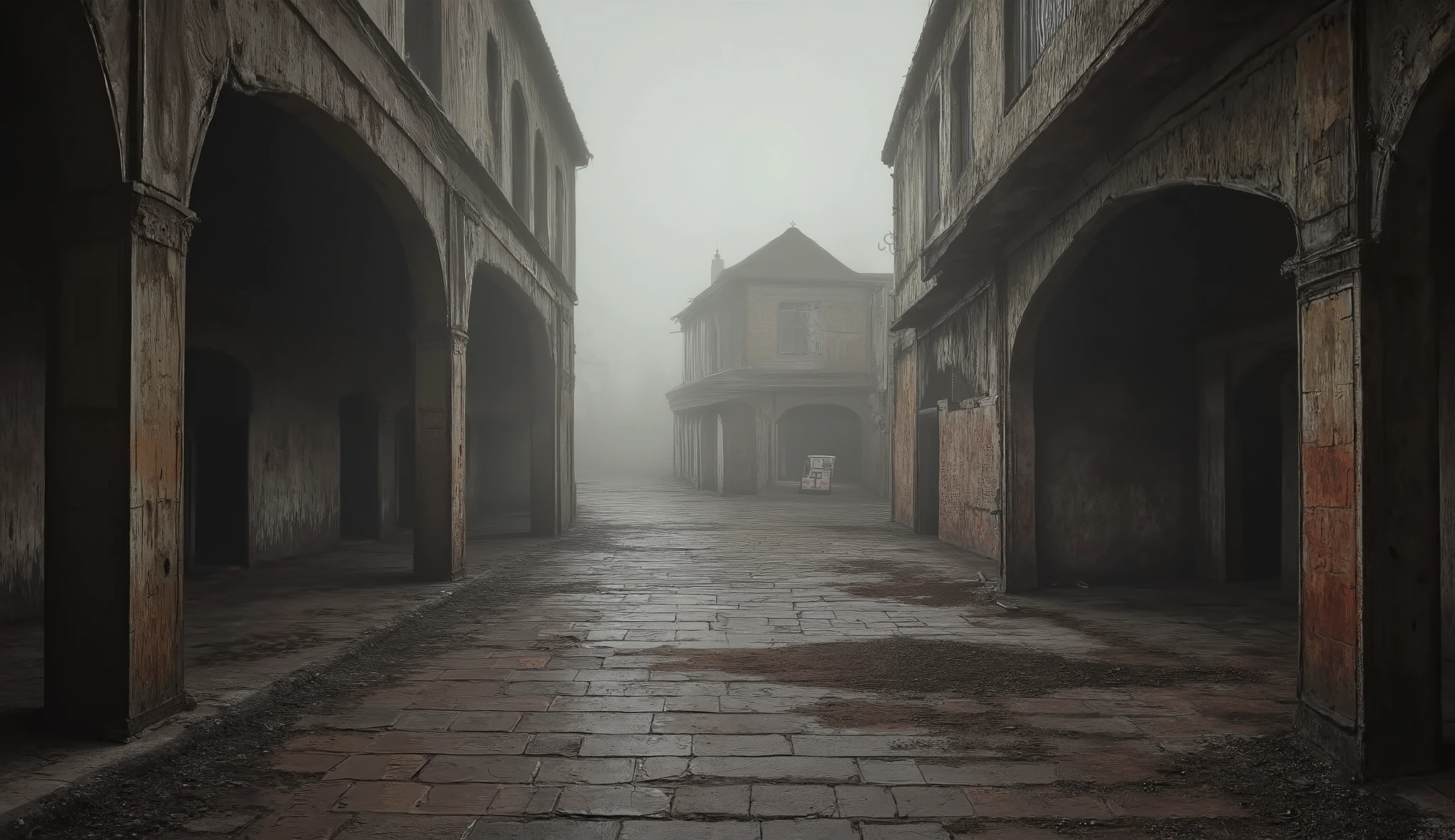 An empty city street in an antique town, dark, surreal, liminal, hyper realistic, high detail, masterpiece.