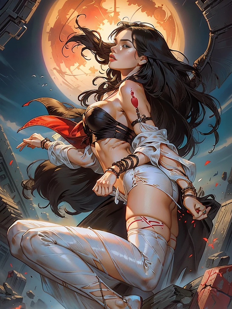 a balck and white 4k picture of a sexy blackhaired fire witch