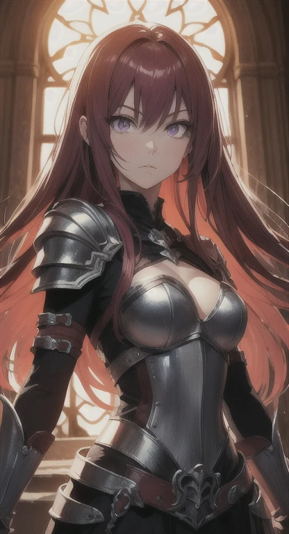 (highest resolution, distinct_image) Best quality, a female's masterpiece, highly detailed, semi realistic, (portrait), scathach, ((long hair)), ((maroon hair)), (red eyes:1.5), ((violet colored inner hair)), (((large breasts))), armor, bodysuit, pauldrons, purple bodysuit, shoulder armor, (Broken Glass), cold, serious, authoritative, powerful, (Standing Painting), (exquisite facial features)