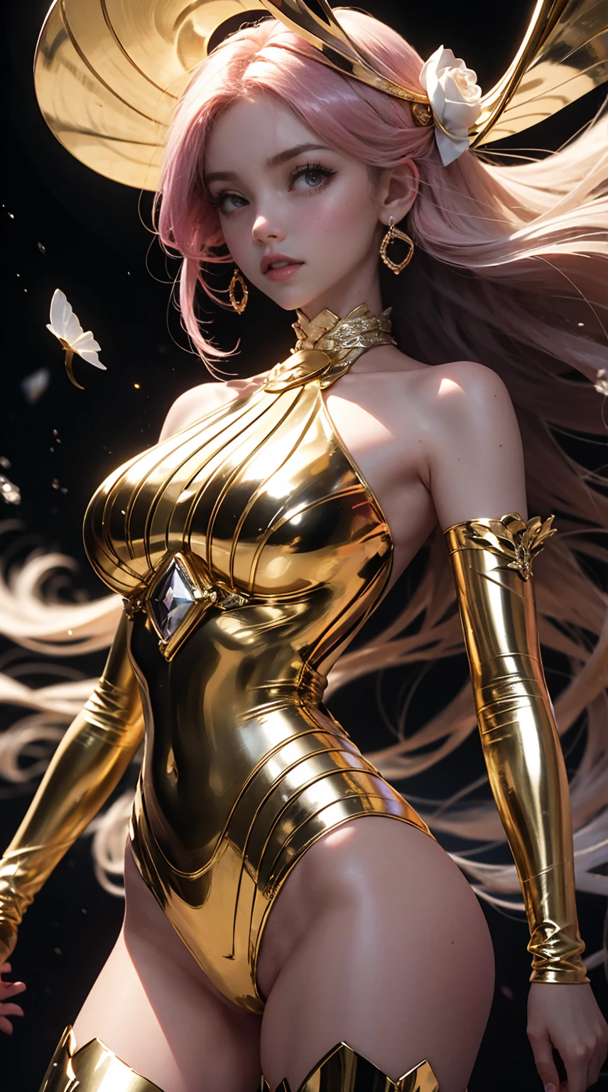 a digital painting of a beautiful attractive woman covered in spiral of splashing liquid golden dress suit, a hyperrealistic painting, figurative art, in golden paint, golden liquid, character is covered in liquid, fantasy art ,elegance pose, beautiful breasts, medium long shot, lighting clear and soft effect , white background