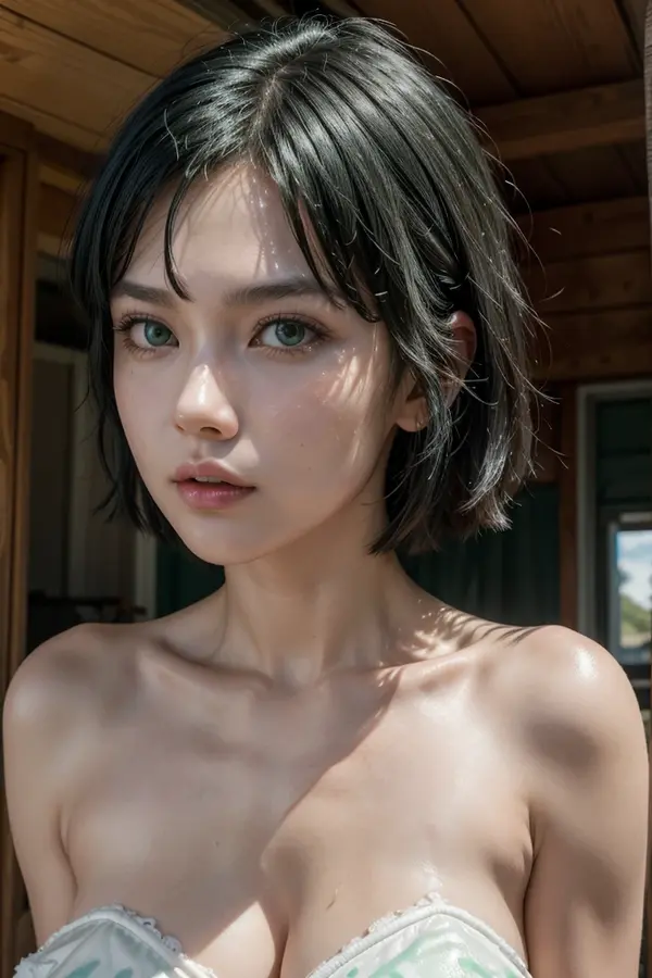 Fubuki from opm, realistic, age 28, pure white skin, green eyes, dark green bob hair, in black robes, exposing, cleavage, perfect face, perfect shape body, extra big stif breasts, wet skin, blush, big water drops, 3d, front side pose