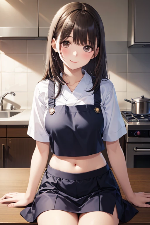 (​masterpiece、top-quality:1.2), cowboy  shot, 独奏, 1girl in, shirase sakuya, Look at viewers, High Ponytail, shiny oily skin with high contrast,, huge long breasts, Big breasts emphasis、独奏、 blue bowtie, White shirt, Short sleeves, Blue skirt, Blue apron, Gingham Apron, employee uniform, high waist skirt, woman samurai, Open kitchen,,(Skirt lift:1.3), (white  panties:1.3)、(Skirt that rolls up:1.3)、(Fully exposed panties:1.5)、Smile with open mouth