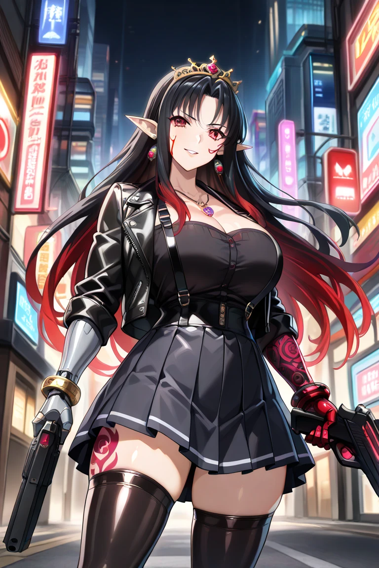 panoramic, ((Outlaw style)) ((in a red devil princess dress is best beautiful)), (hand holding gun is Colt Python, gripping Colt Python on hand), (solo straight black hair long hair cute evil girl, 18 yo, detailed red eyes, angry smile,bigboobs) is (Shooting:1.3 a gun of Colt Python), break, (in the Downtown of Fukuoka, in night, background is Dark Sky), BREAK, perfect anatomy, masterpiece, best quality, 16k.