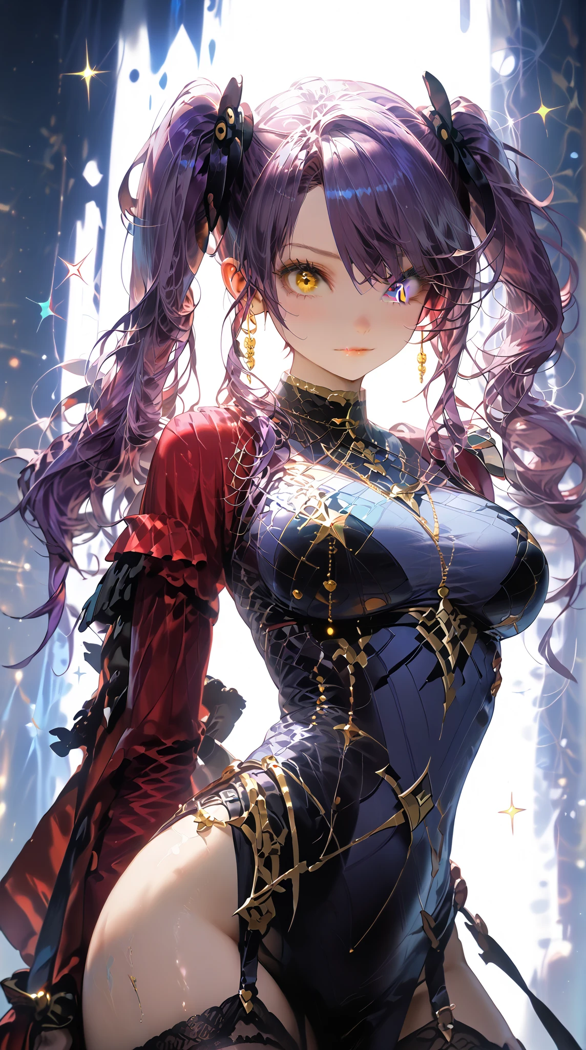 ((masterpiece, best quality)), 1girl, (mature female:1.4), 130mm f1.4 lens, 1girl, solo, pointy ears, heart-shaped pupils, from above,flat chest, saturated, colorful, multicolored hair, bleu hair, multicolored eyes,SLE, mksks-style, Top quality, Masterpiece, Detailed background, Very detailed, Complex and detailed face, Long eyelashes, Detailed eyes, (Adult female, standing: 1.1), (High ponytail: 1.3), (Thighs thick: 1.0), (Big: 1.3), (White background: 1.3), (Solo: 1.3)