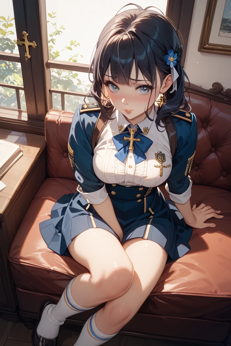 (Over Head Shot:1.2),NSFW,(Pornographic Images),(Breast squeeze:1.2),(Lying),(on  back),(Spread legs),1girl in,(Ultra detailed skin),Curve,Petite,Beautiful breasts,(Large breasts),pale skin,pointed breast,Erect nipples,(Fantasy Art,Highest image quality,Hyperrealist portrait,(8K),Ultra-realistic,Best Quality, High quality, High Definition, High quality texture,high detailing,Beautiful detailed,fine detailed,extremely details CG,Detailed texture,realistic representation of face,masutepiece,presence,Dynamic,Bold),(super thin hair),(ultra soft hair),(ultra straight hair:1.5),Swept long bangs,Extra bright coppery amber hair,Hair over one eye,Clothed,School uniform