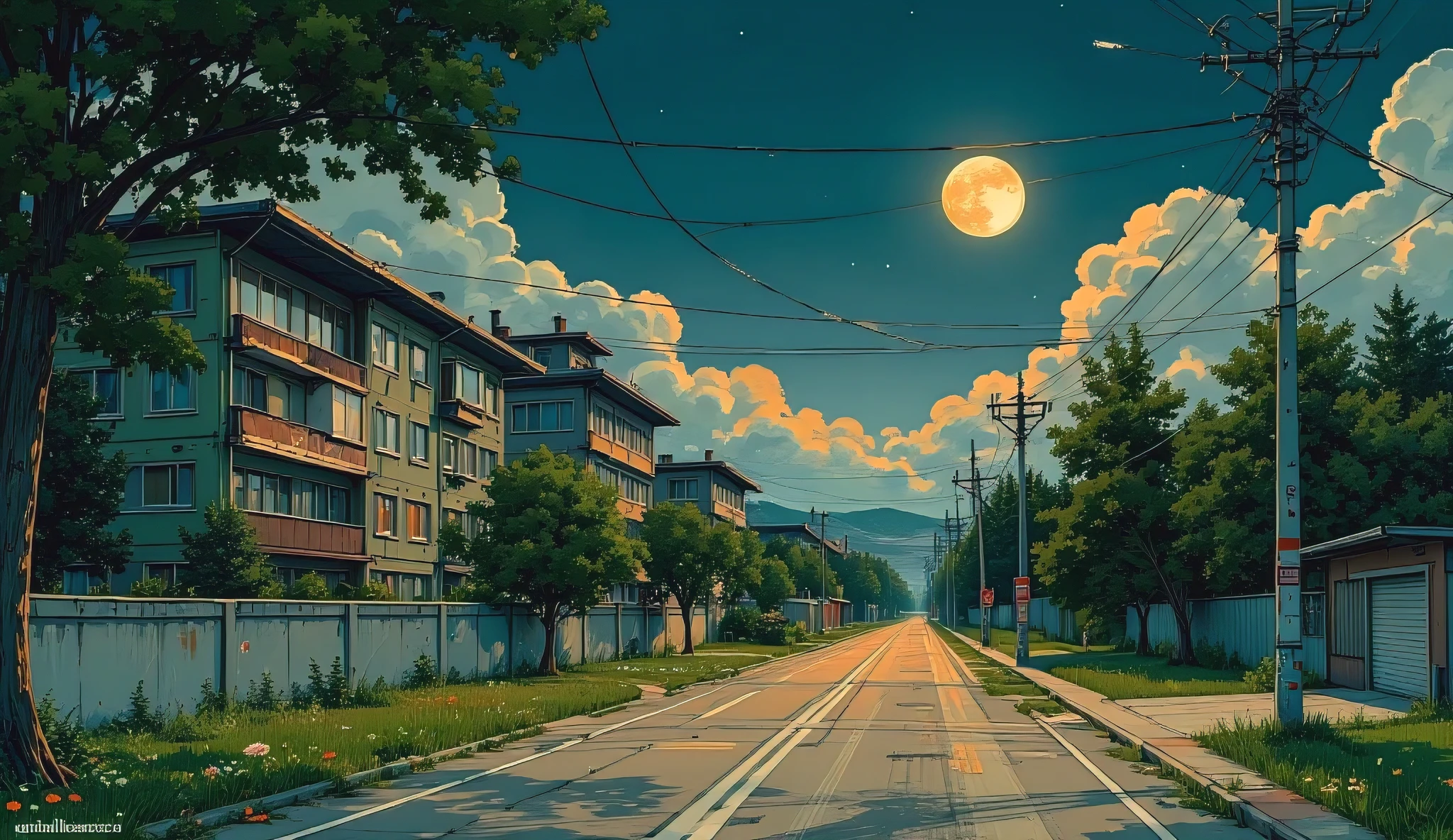 landscape, street , The atmosphere of the USSR , detailed panelki antennas, Russian apartments, lots of green trees6, summer, orange night, big moon, stars:1.5, cloudy, grass, intersection :1.5, cracks in asphalt:0.3, Soviet-style concrete fence:0.15, flowers:0.15, Without sun, Garages