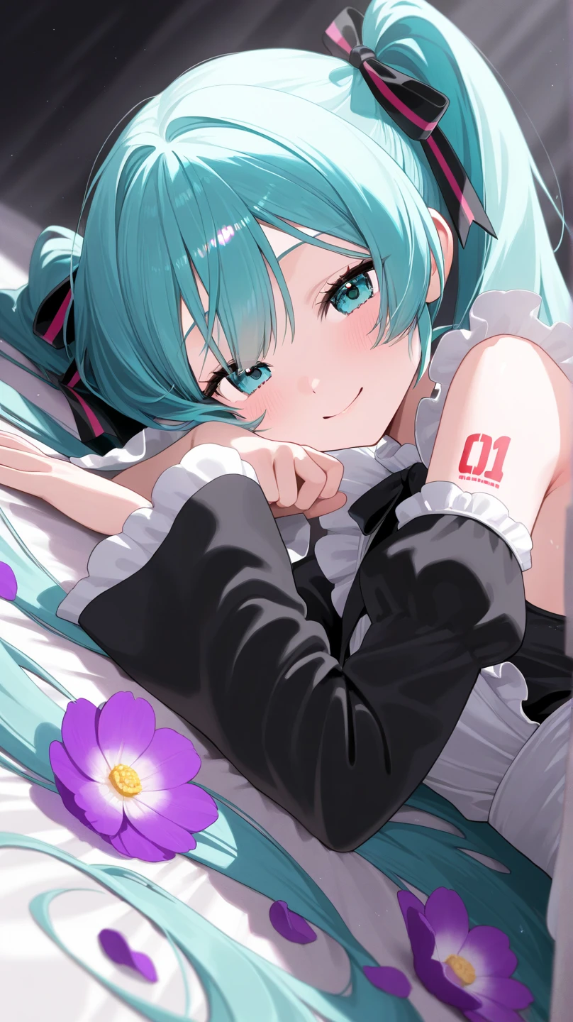 masterpiece, best quality,  hatsune miku, pillow, garter straps, hatsune miku, 1girl, cushion, long hair, thighhighs, frilled pillow, skirt, solo, couch, boots, smile, heart pillow, looking at viewer, breasts, twintails, jacket, bed, high heels, sweet devil \(vocaloid\), parted lips, monochrome, lineart,