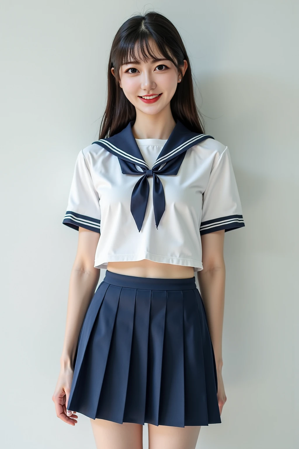 neat college girl, (school uniform, sailor uniform, ribbon tied at chest, summer uniform, upper body white, skirt dark blue, short sleeves), outside the athletic field, (slim), photorealistic, detail, skin texture, ultra detail, delicate and sexy collarbone, smile, super detailed face, detailed lips, detailed eyes, double eyelids, small breasts, small breasts, small, small, flat chest