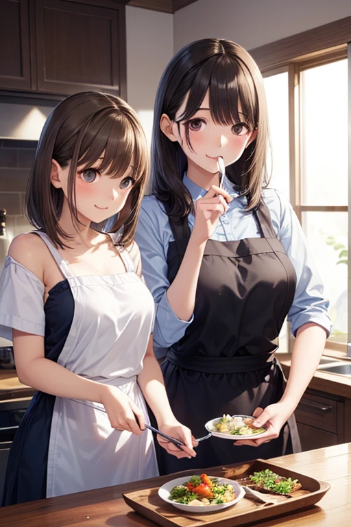 Highest quality,masterpiece,Ultra-high resolution,Perfect Anatomy,(Faithfulness:1.4),(A scene in the kitchen、cooking)、(Mr.々Expression:1.5)、RAW Photos,Embarrassing,Red face、Short hair kids,A woman with long hair tied up and a 12-year-old girl with short hair,(Large Breasts:1.8)、(Big Breasts)、(Boldly accentuate your breasts and buttocks、No bra)、(Tight nude apron knit sweater、No sleeve、Off the shoulder、Open back、Butt Opening)、Women and girls with small breasts, Mom and her small breasted daughter,Gorgeous mother and pretty girl,(Put some vegetables in your pussy),Knee Shot,Cinema Lighting,Fashion model parents,Trained Daughter、Adorable,(Although I'm a mother、She's my daughter.), (Nipples:1.6)、(Grab your chest、Show off your breasts)、(Long-haired mother and short-haired daughter)、(Mother in a knitted sweater and daughter in underwear)、Sweat、obscene