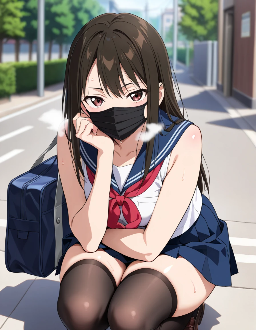 masterpiece, ultra quality, ultra sharp, ultra detailed, 1girl, solo, (((good anatomy))), haduki kurumi, (tattered torn dripping wet white gym shirt), navy gym pants, animal ears, randoseru, name tag, Japanese anime pose, laugh, BurumaShorts, Buruma, Gym Uniform, (((sitting, squatting, spread_legs, legspread, split_legs, spreading legs)), (randoseru backpack:1.4), (smug smile), buruma, blue buruma, black buruma, (cameltoe), (tattered torn short sleeve white gym uniform with colored hem), (tiny nipples), (white long loose socks), strong lighting, legspread, bukkake, cum on clothes, cum on legs, cum on buruma, cum on bloomers, (spreading pussy by hands)