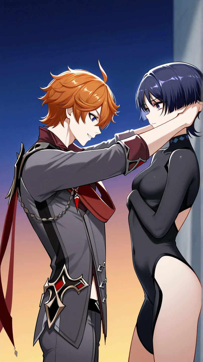 anime boy with red hair, red - cheeks!!, zerochan, zerochan art, with red hair, by Kamisaka Sekka, messy spiked red hair, by Puru, by Shingei, a single braid hanging on the left side of his face.