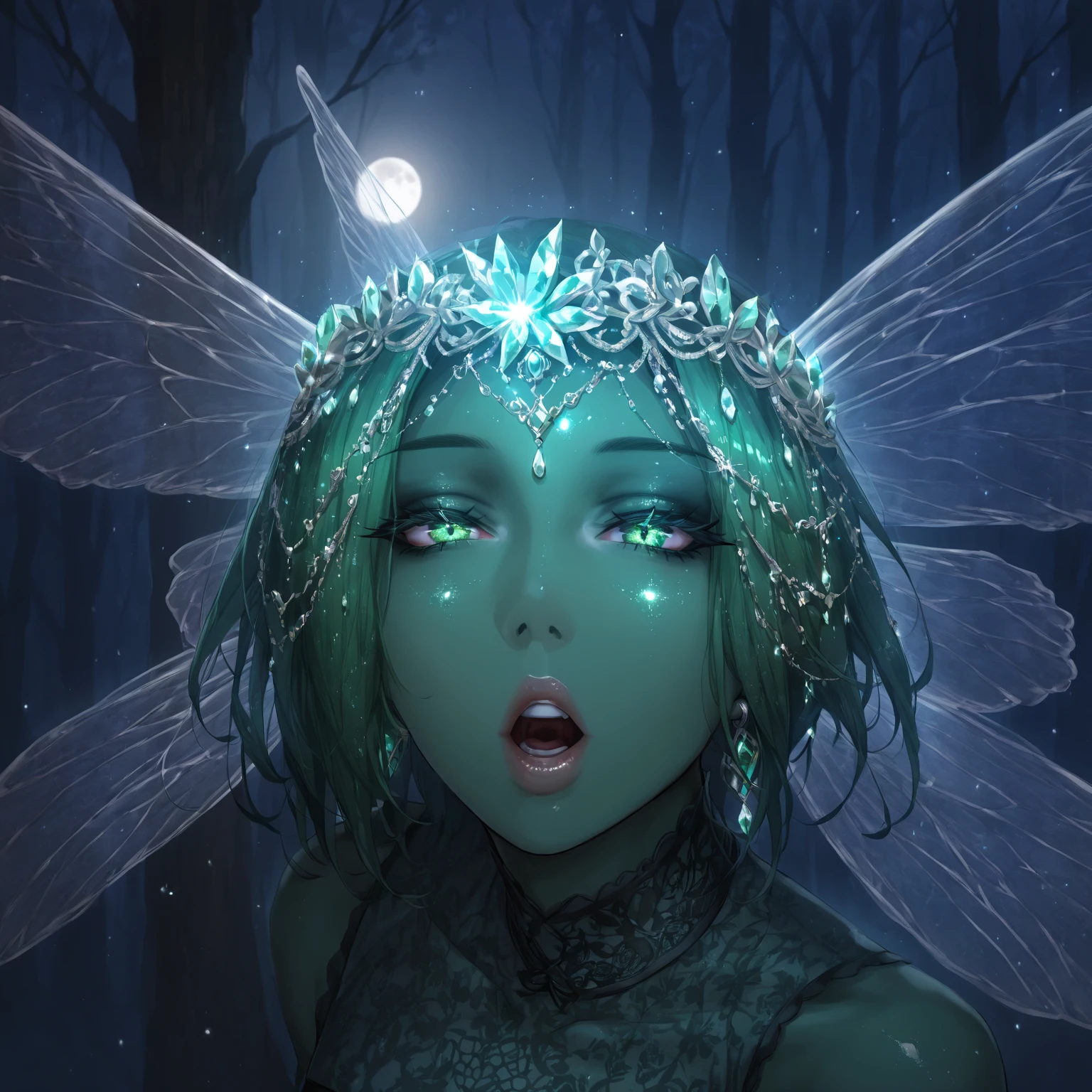 Transparent Sylphid, goddess, Gothic,Long Green Hair, Light purple eyes, jewelry, bracelet, Feather Lingerie,Arrow of Light, fire Fly,night,lake