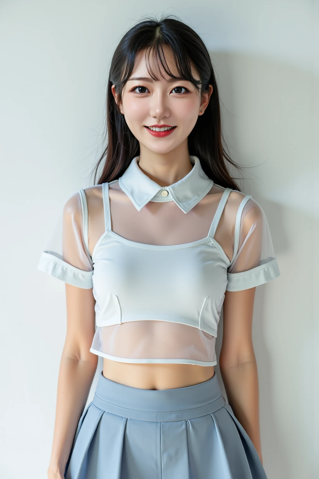8k, masterpiece, RAW photo, best quality, photorealistic, extremely detailed CG unity 8k wallpaper, Depth of field, Cinematic Light, Lens Flare, Ray tracing, (extremely beautiful face, beautiful lips, beautiful eyes), intricate detail face, ((ultra detailed skin)) 1girl, in the dark, deep shadow, pretty korean girl, kpop idol,(very slim slender fit-muscled body:1.3), ((looking at viewer)),(big smile:1.3), (sleeveless), (fashion city night, (neon sign), (blurry background), fashion street night),(vacant city), (without people in the background:1.3), pretty korean girl, white diamond earrings, dia bracelets, dia necklace, clear eyes, walking , front shot, (pale skin), face forward, (big eyes), ((upper body shot)), ((black silk Laced, laced bra)), ((see-through red color leggings:1.3)), (brown hairs) (looking at viewer:1.3), (laced panty), open breast, medium breasts, have a sheen , camel tau, shape:1.5, (See through, white shirt:1.3), updo hairs, short hairs, glamour