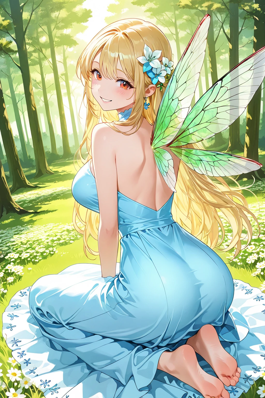 masterpiece, best quality, 1girl, blonde hair, eyeliner, long hair, (Ice blue eyes), swept bangs, pink lips,medium breasts, Fairy, flying near a flower, full body, green fairy dress, from the side, fairy wings