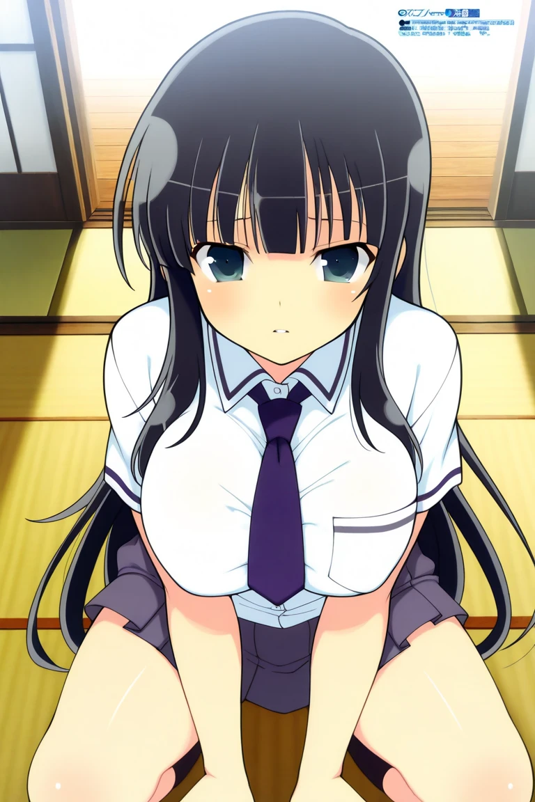 sysdeep_akeno, 1girl, solo, long_hair, large_breasts, black_hair, ribbon, very_long_hair, closed_eyes, ponytail, gym_uniform, buruma, locker, blue_buruma, locker_room,  <lora:Akeno Himejima - [High School DxD] - XL Version 1:1>