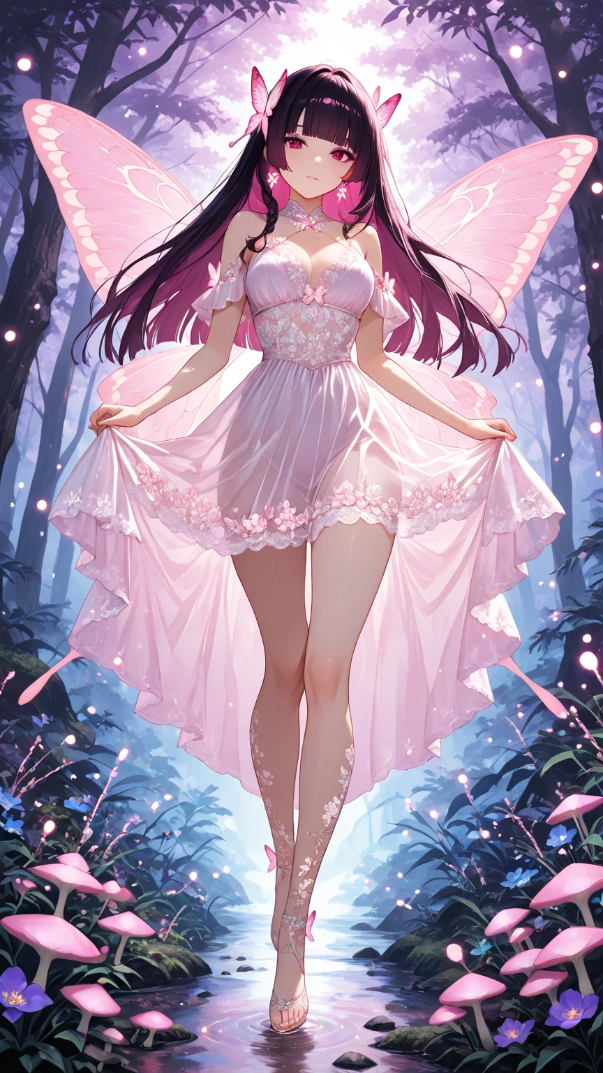 a portrait of a female fairy resting in a (field of strawberries: 1.3) extremely beautiful fairy, ((full body: 1.5)), ((anatomically correct: 1.5)), (ultra detailed face: 1.2),ultra feminine, busty, best detailed face, dynamic hair color, dynamic hair style dynamic skin complexion, shy smile, innocent smile, blue eyes, dark red lips, wearing ((white: 1.5)) lace dress, elegant dress, fairy dress, corset, dynamic elegant shirt, chocker, wearing high heels, spread large butterfly wings, (white and purple eyes: 1.3)in a (field of strawberries : 1.3), field of strawberries background, vibrant, Ultra-high resolution, High Contrast, (masterpiece:1.5), highest quality, Best aesthetics), best details, best quality, highres, 16k, (ultra detailed: 1.5), masterpiece, best quality, (extremely detailed) RAW, (ultra details, Masterpiece, best quality), Hyperrealism style,DonMF41ryW1ng5XL, ZipFile Comi Style,