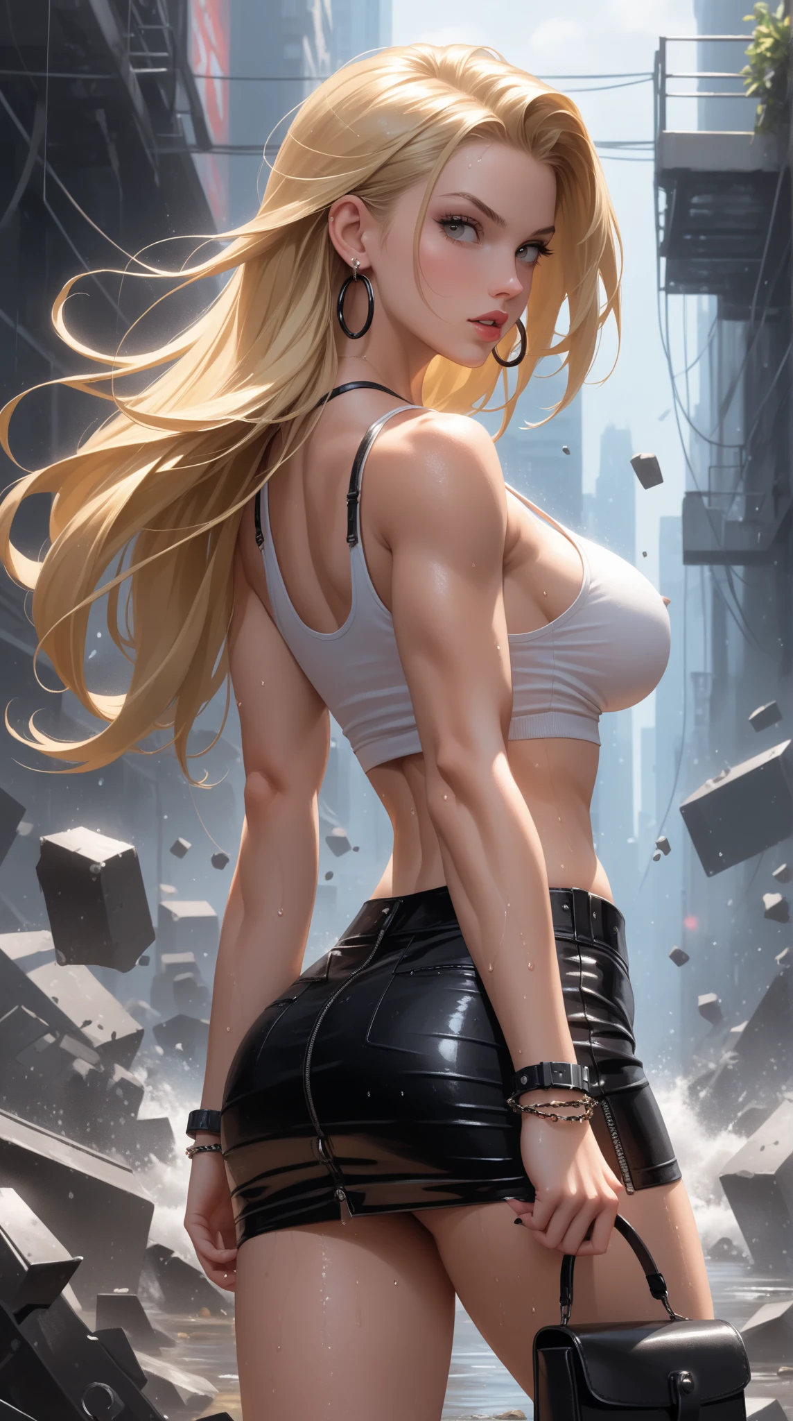 "A towering Giantess in a cool and laid-back hippie style is rocking a crop top and baggy pants. Her toned and athletic build hints at her massive strength. She seems to be casually strolling through the bustling cityscape of GTS City, as towering buildings loom overhead. Smoke and clouds roil around her, adding to the sense of epic scale and drama. The lighting is dark, gloomy, and realistic, creating a tense and ominous atmosphere. The perspective is from below, emphasizing the sheer majesty and power of the Giantess."