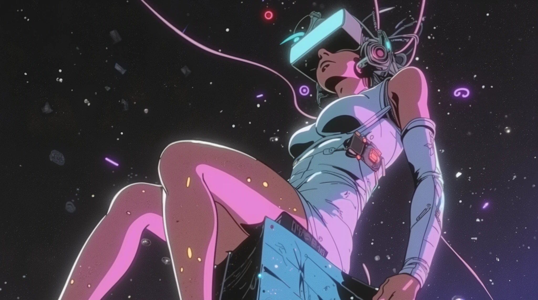 ((masterpiece)),(((Highest quality))),((Super detailed)) Realistically, 1 Girl, beautiful, Wearing headphones, One person　 buildingの屋上から広がるnight景を見てる,  Starry Sky, building, night.　Long Black Hair　The wind is blowing　新宿の広がるnight景　sexy　high resolution　Landscape　The person is on the right side of the screen.　night景をメインに