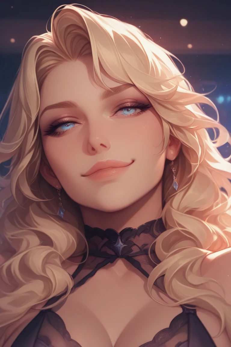 Sexy anime girl, ahri, blonde hair, black lingerie, busty body