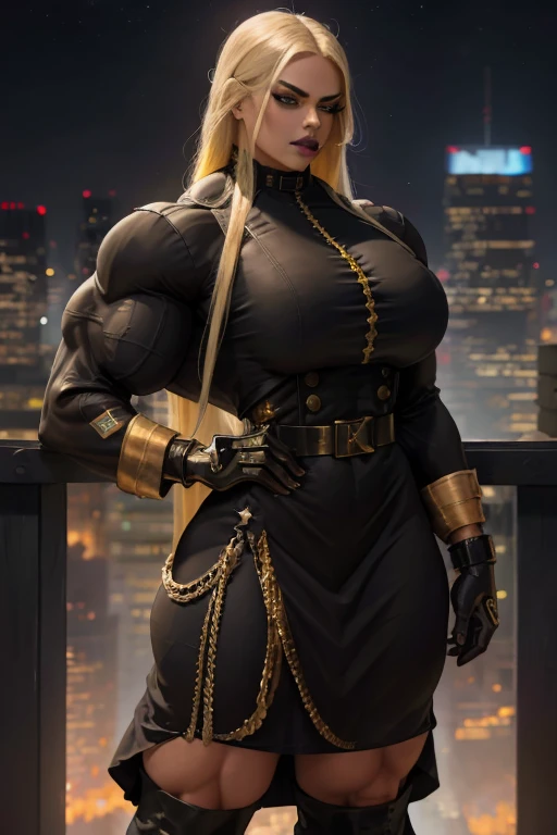 (((((Massive beautiful, buff, bulky, brown skinned muscular, woman with yellow hair, ginormous bulky muscles and wearing a yellow unbuttoned long sleeve blouse and a black skirt))))), close view, ((sunglasses)), vascular, massive muscle, massive biceps, hyper muscle shoulders, vascular shoulders, hyper muscle triceps, (long flowing hair), gray eyes, (high heels), smirk, in a city at evening, Vascular arms, hyper vascular arm, hyper muscles arms, hyper muscle legassive buff arms))