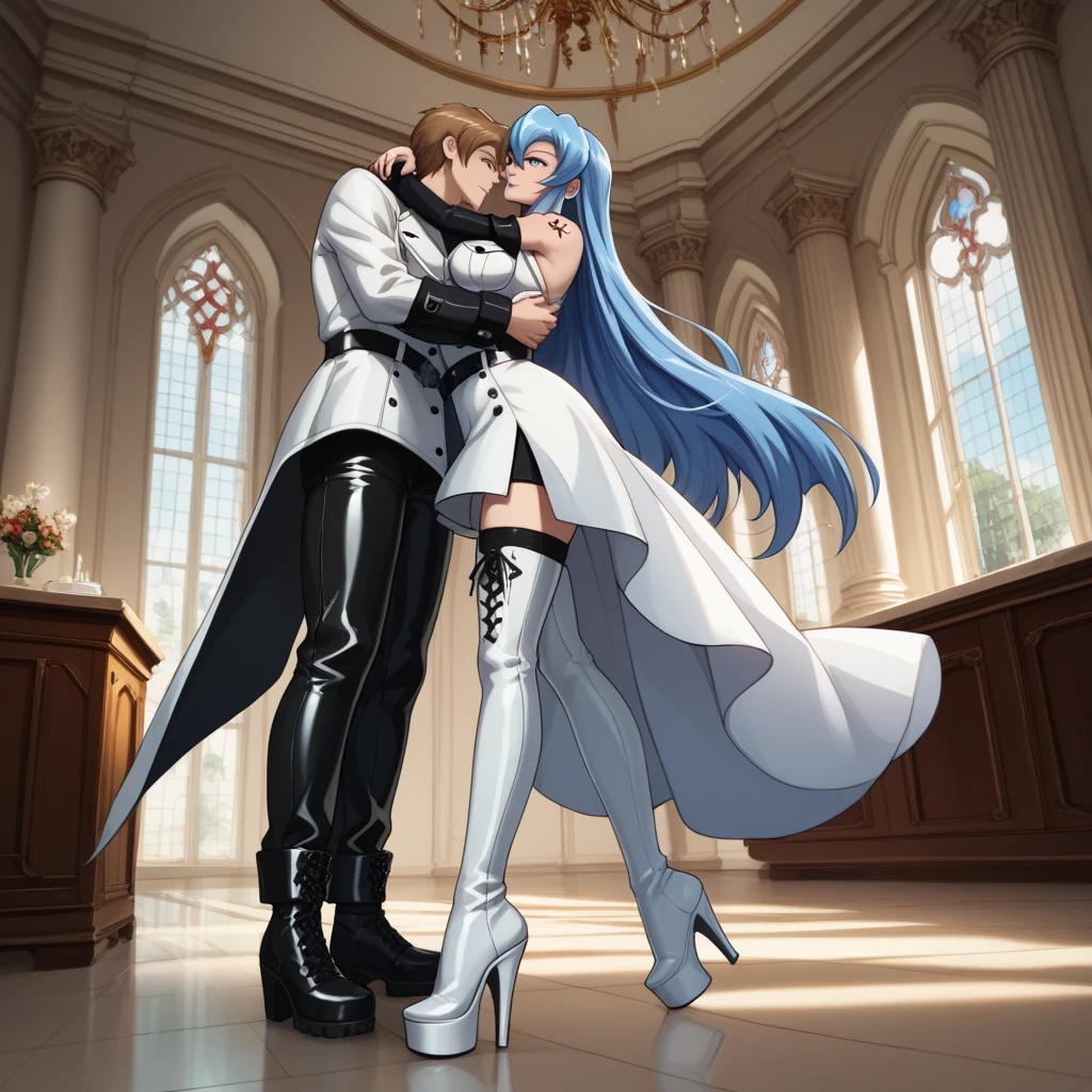 Two women sitting on a man's knees (one on each knee) while the man caresses their hair and they look at him with desire