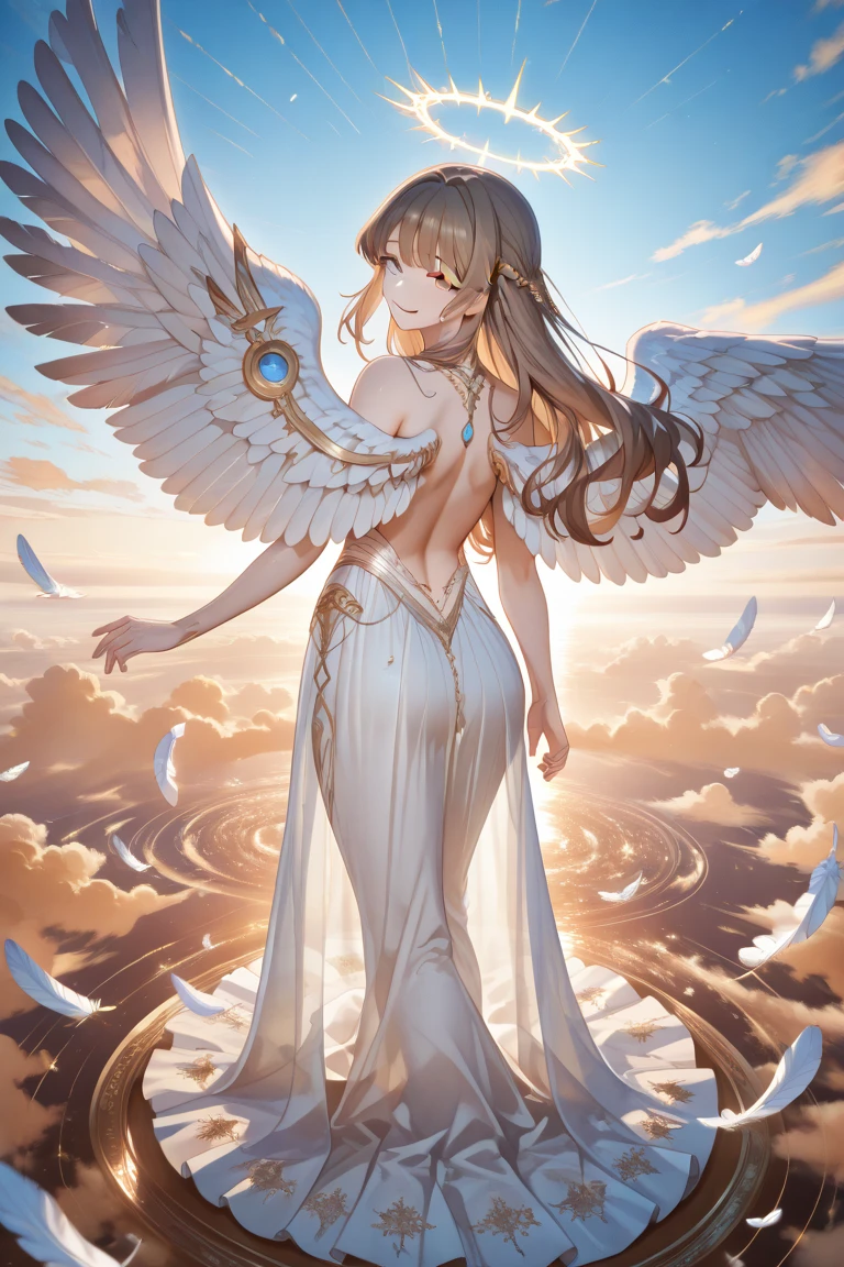 Big Breasts Angel, Wearing a gorgeous dress that covers the whole body, Floating in the air, angel wings, outdoor, detailed face, detailed eyes, detailed lips, detailed nose, full body shot from below