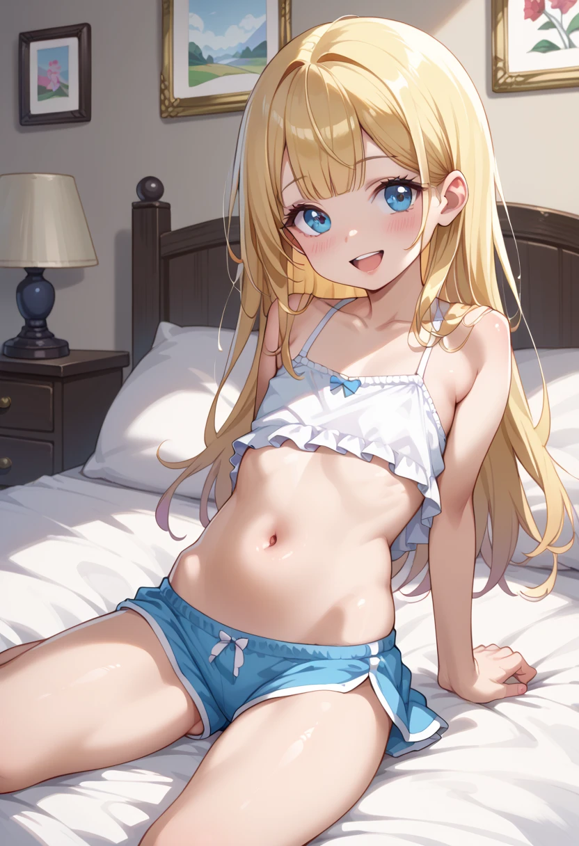 M-shaped legs、Blonde、Side Ponytail、Blue underwear、Pale blue eyes、Blushing、Bedroom、On the bed、Random pose、Looks like she's about to cum、Glamorous expression、Blushing、Blue underwear、Cute underwear、Undressing、、Bedroom、On the bed、M-shaped legs、Random pose,パンツを見せるBlonde、Side Ponytail、、Pale blue eyes、night、night、Not wearing a bra、、Blushing、lipstick、Perfect hands、Detailed hands、Bedroom、On the bed、hand bra