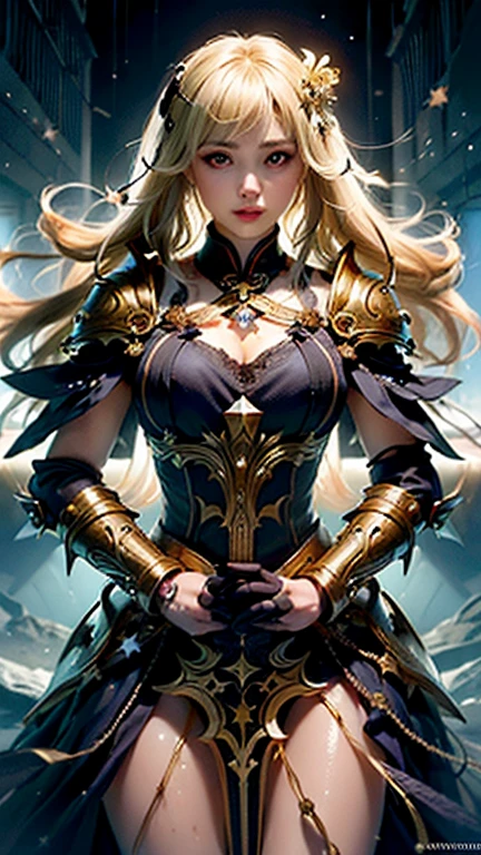 "a formidable paladin，Wielding a radiant sword, Exudes powerful light magic. The scene is set in a dark and mysterious cityscape, Illuminated by the light of the Paladin&#39;s sword. This work has been carefully crafted, Amazing attention to detail and lighting. The overall aesthetic is reminiscent of Fujifilm photography, Capture the beauty and depth of the scene."Large breasts，Show breasts，exposing her chest，