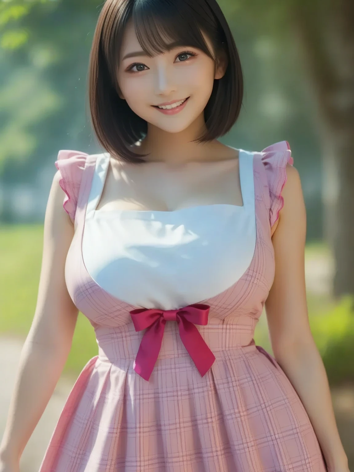 ulzzang -6500-v1.1, (Raw photo:1.2), (Photorealsitic), a beautiful detailed girl, (Real: 1.4), ighly detailedな目と顔, beatiful detailed eyes, lolita fashion women, ((studio shoot、Moe Pose:1.3)), 脚を開いてis standing, (Ultra-realistic pantyhose:1.2), game_nffsw, huge filesize, hight resolution, ighly detailed, top-quality, [​masterpiece:1.6], illustratio, ighly detailed, nffsw, finely detail, top-quality, 8k wallpaper, Cinematographic lighting, 1girl in, 17 age, perfect body type, cute droopy eyes beautiful big eyes、Pieckfinger, ((masutepiece)), Best Quality, 1girl in, eye shadow,  Idol makeup、Portrait, ((FULL BODYSHOT:1.4))、(Very affectionate smile:1.2)、realistic skin textures、shinny skin、Exposed thighs!!! (Pink blouse with black ruffled lace、Black Ribbon Tie、Black flared miniskirt with pink ruffles)、Braided hair、Pink ribbon, (White Silk Sockabrick Ruffle Rack Strap Pumps)、(is standing), Streets of Akihabara