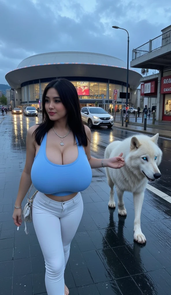 Plump body、huge tit、Constricted waist、Larger buttocks, low, Shoulder-length black hair and straight hair. dark-brown eyes. Denim Jeans Pants, Navy Blue Tank Top, White sneakers. red claw.  In the park walking the dog、hight resolution、high-level image quality