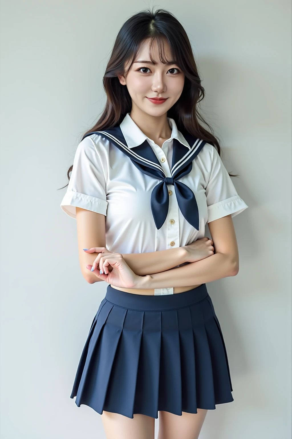 Masterpiece、highest quality、Woman 1、Super detailed　Black Hair、Straight Hair　Japanese school girl uniform、Sailor suit、Pleated skirt、Long skirt、show off nipples、erect nipples　classroom、blackboard