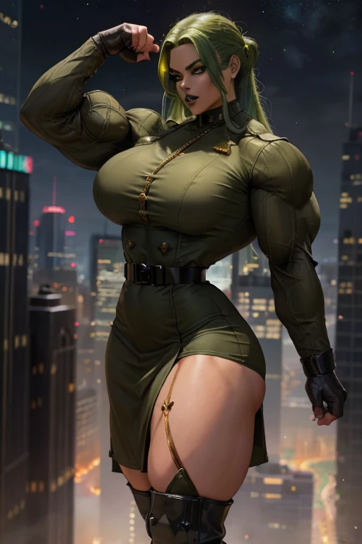 (((((Massive tall, beautiful, buff, brown skinned muscular woman with green hair, ginormous bulky muscles and wearing a beautiful black long-sleeved sweater pencil dress with black pantyhose))))), (close view), massive muscles, (long curvy hair), ((pantyhose)), orange eyes, choker, ((beautiful sweater pencil dress)), black boots, (in the Cloudy beautiful village), closed smile, night, ginormous muscles