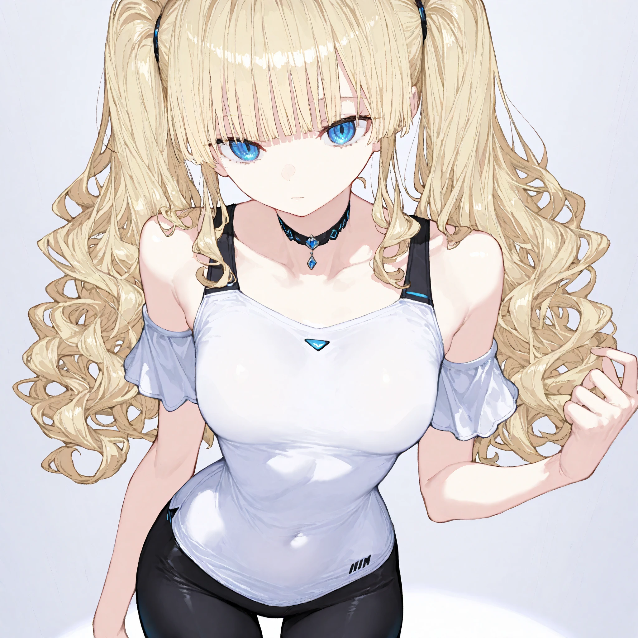 masterpiece, best quality, screencap, 1girl, solo, blonde hair, long hair, curly hair, drill hair, blue hairband, slave collar, gray crop top, arm belta, shorts, black pantyhose, adult, large breasts, white background, empty look, looking at viewer
