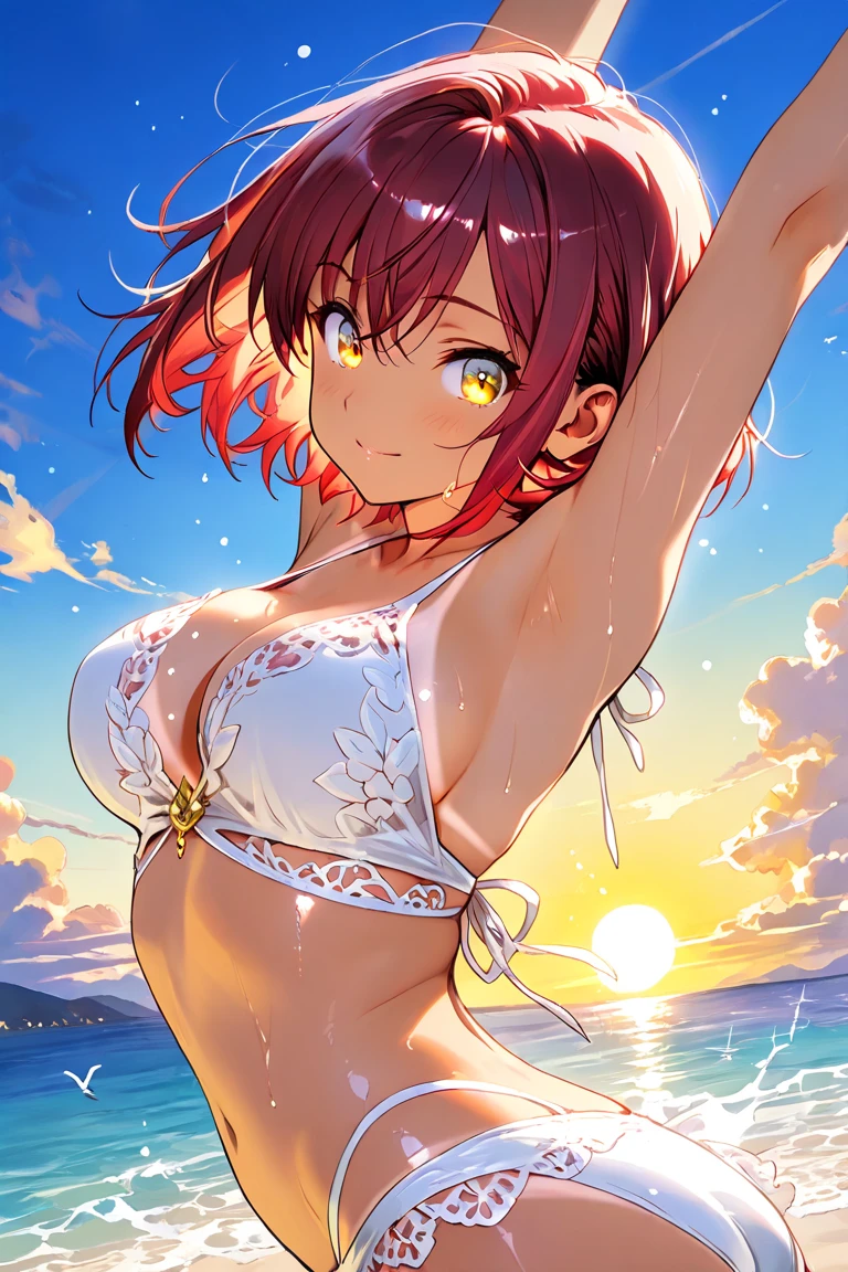 30 years old，Mature，forward，whole body，huge breasts，protruding nipples，Buttocks enlargement，thin waist，long legs，，blurred eyes，sexy，swimsuit