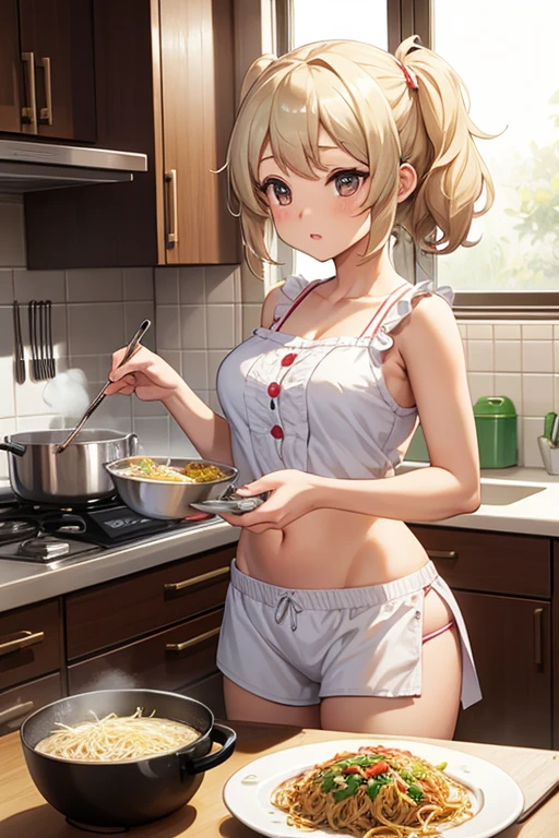 A blonde girl eating curry rice at a curry restaurant　Wearing sneakers　High leg shorts with suspenders　Large Breasts　Showing her belly button　Ultra low rise　Knee-high socks　　No underwear　Belt on chest