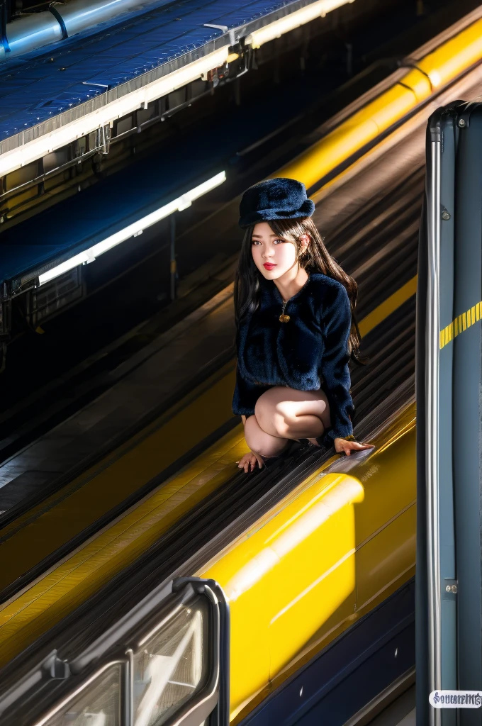 top-quality、hight resolution、ultra-detailliert、masterpiece、Raw photography、realisitic、Photorealsitxtremely delicate and beautiful、finely detail、Textured skin、Ceiling from below、1womanl、(Solo:1.2)、Alone、Young bus guide in Japan、(Sit on the bus seat with your crotch open:1.1)、(Spread your legs to the sides:1.5)、I'm showing my panties、(white panties:1.5)、(Bus Guide Uniform)、(Tailored jacket in blue:1.3)、(yellow sca miniskirt:1.5)、(Thin white gloves:1.3)、(high-heels:1.2)、hat、beauitful face:1.5、tall、Brown hair、(Bare legs:2)、perfectly proportions、Do not expose your upper body、(Do not take off your skirt:1.5)、(At SFW:1.5)