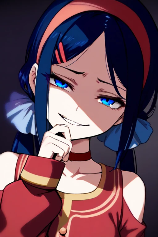 (masterpiece, best quality, high score, great score), absurdres, 1girl, mita \(miside\), miside, blue eyes, low twintails, red hairband, blue scrunchie, red hairclip, red choker, finger to mouth, beautiful finger, partially shaded face, head tilt, gesugao, smirk, upper body, dark background, dark