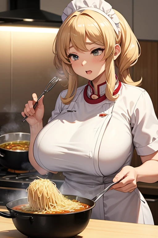(Best Quality, Masterpiece),sexy mommy, Front cover of a women's cooking magazine, , naked, erotic, 18+, nsfw, 1girl, 30 years old, stunning, cute, heartwarming smile, hourglass figure, wearing floral dress, pinny apron, beautiful food, text, diagrams, advertisements, magazine title, short blonde hair