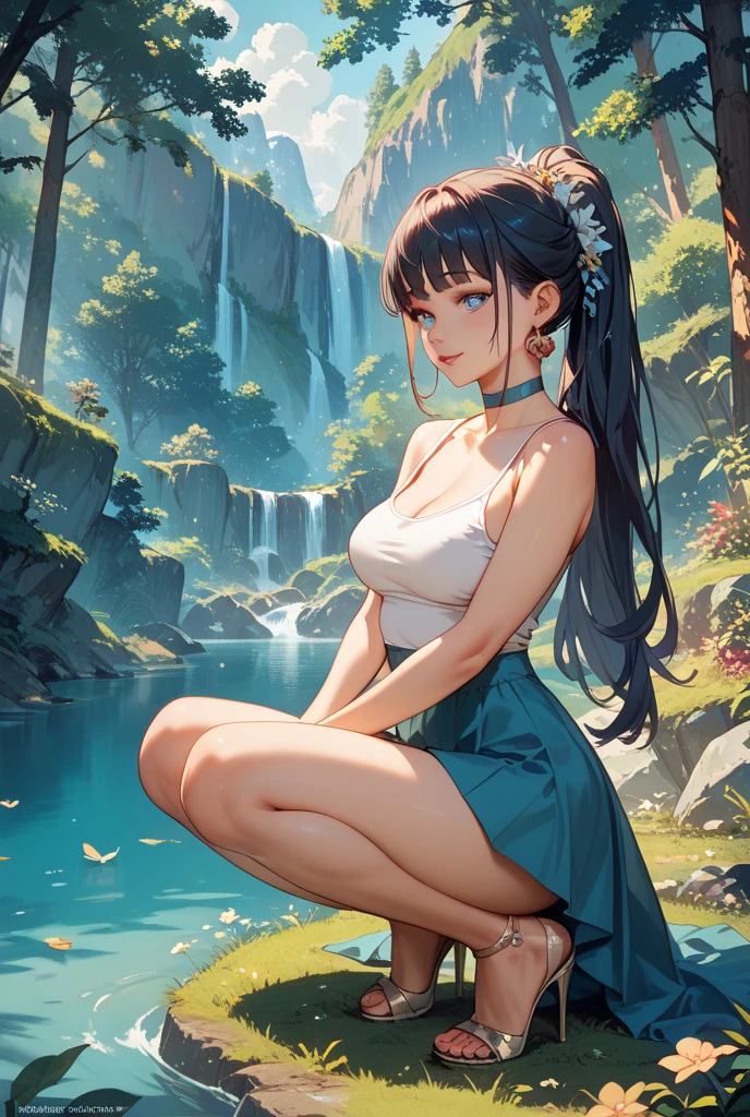Arakfi woman sitting on a rock in front of the waterfall, Attractive pose, gorgeous chinese models, next to a waterfall, hot with shining sun, wearing two - piece swimsuit, sitting at a pond, Sexy pose, in a pond, Cool pose, doing a hot majestic pose, Very sexy pose, shaxi, smooth white tight clothes suit, xintong chen