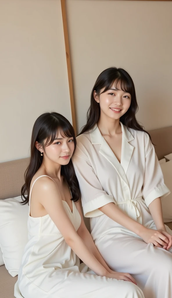 Medium shot, simple plain background, 2 girls, a medium shot of 2 buxom geisha, wearing low cut sheer robe, seductive smile