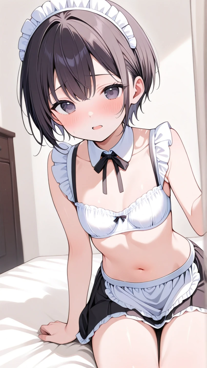 ultra-detailliert, Best Quality, High resolution, ((1girl in)), Looking at Viewer, pale skin, Petite, (maid clothes), (Very short hair), (flat chest), (Glasses), (blush:1.2), Blue eyes, Happy smile, NSFW, a bed、A dark-haired、blow job、