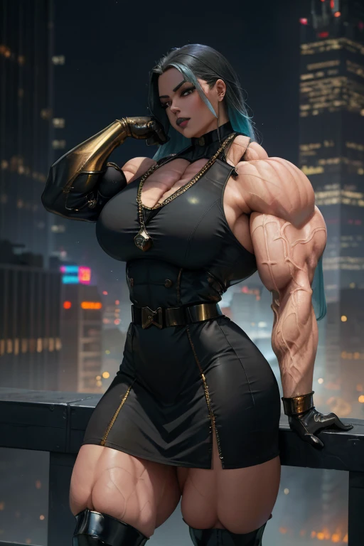 (((((Massive tall, beautiful, buff, pale white skinned muscular woman with royal blue hair, ginormous bulky muscles and wearing a beautiful black gothic pencil dress))))), (close view), massive muscles, massive biceps, hyper muscle shoulders, massive muscle arms, vascular shoulders, hyper muscle triceps, (long curly wavy hair), white eyes, choker, lace sleeved gloves, (on top of a dilapidated skyscraper in a dark destroyed city), confident smile, hyper vascular arm, hyper muscles arms, hyper muscle legs, (massive arms).