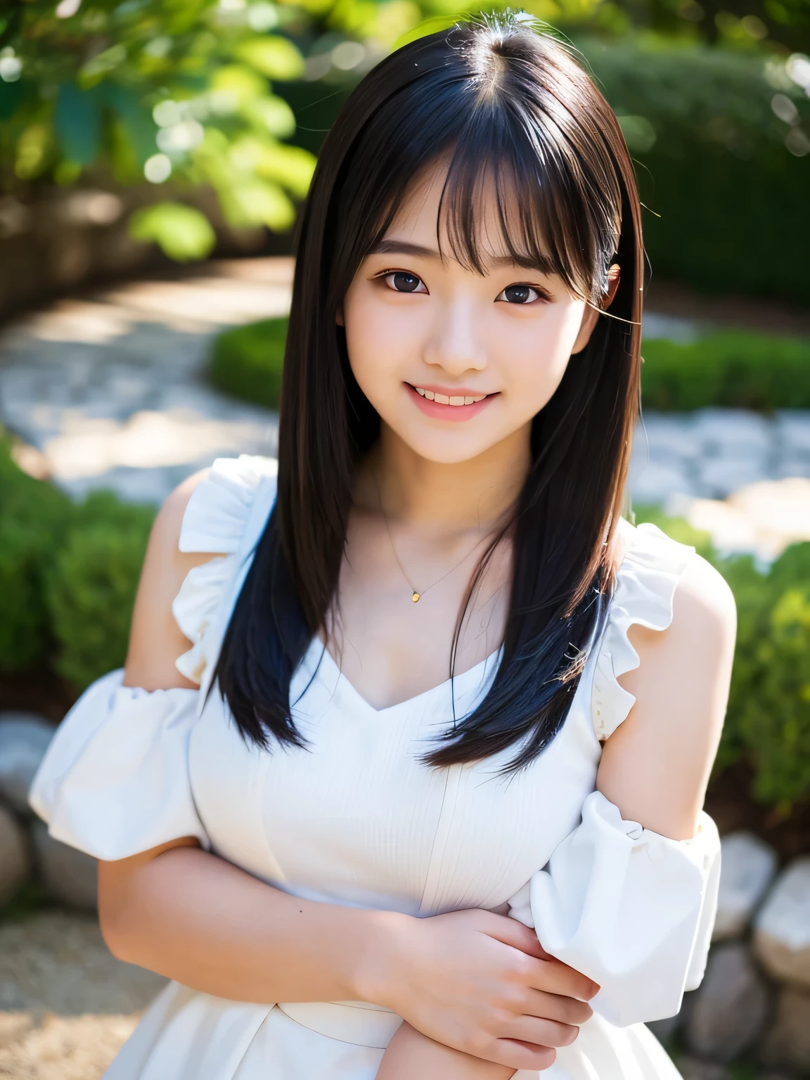 (Best-quality, Masterpiece, Ultra-High-Resolution, (Photorealistic:1.4), Raw Photo, depth of field, professional lighting, perfect ???????, extremely details), (1girl, 15-years-old, the most famous Japanese-idol), ((looking at viewer, innocent smile)), (((extremely beautiful and extremely realistic skins))), (((extremely realistic big-black-eyes))), (((extremely cute face like the most popular Japanese idol))), (long-eyelashes), (black long-straight-hair), (wearing white sleeveless-shirt with cute-design and light-pink pleated-miniskirt with cute-design)